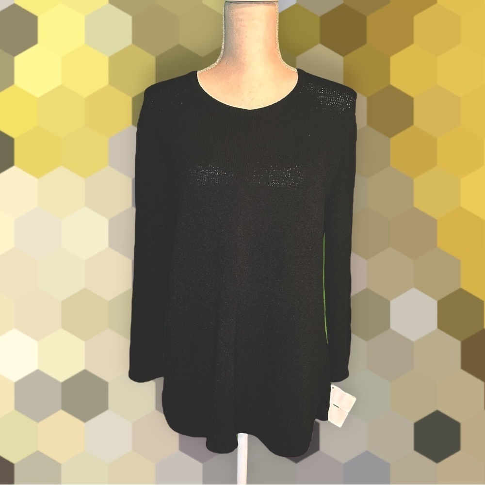 NWT Ball Of Cotton Black Handknit Dolphin Hem Sweater w/ Pearl Detail Sleeves XS - Picture 5 of 12